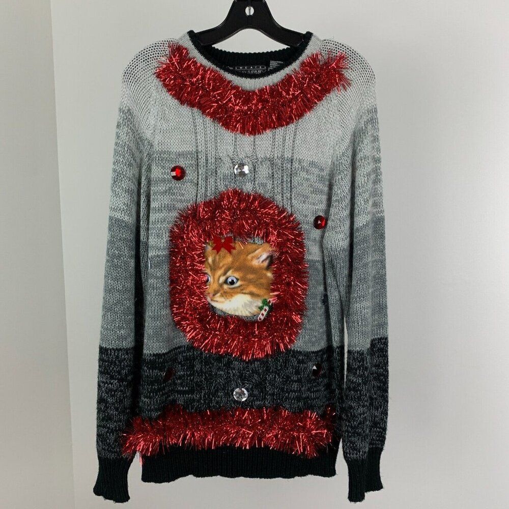 Ugly Christmas Sweater Men's S or Women's L Googly eyed Orange Kitty OOAK